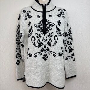 Northstyle Womens Nordic Floral Cream Black Turtle Neck Half Zip Sweater Top S